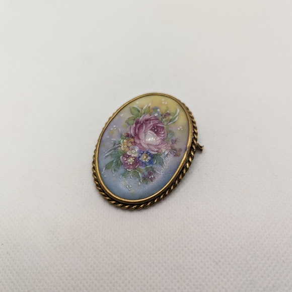Limoges France Vintage Oval Porcelain Rose Flower Brooch Pin Trombone Clasp - Picture 4 of 9